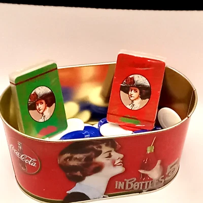 Cola COKE OVAL TUBS RED Tin Metal  8.5" Game Night Cards Poker Chips Barware - Image 1 of 4