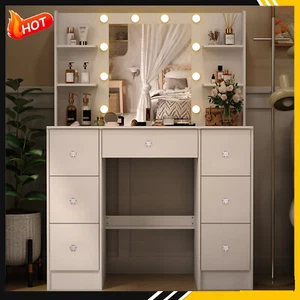 Modern Dressing Table with 10 LED Lighted Makeup Mirror Vanity Dresser Desk US - Picture 1 of 10