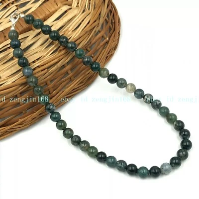 Шикарное ожерелье из мха агата — подлинные круглые бусины из драгоценных камней 8 мм 18 дюймов - Изображение 1 из 4