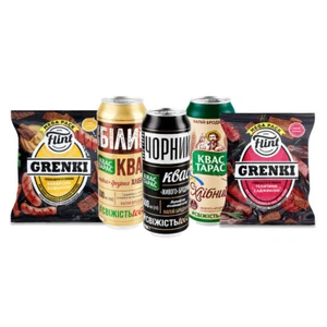 Ukrainian Snack & 3x Drink Set Kvas Taras Khlibnyi, Chorniy + Belyy Flint GRENKI - Picture 1 of 6