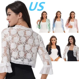 US Damen transparente Spitze Rüschen Cardigan Häkel Halbarm Cape Überwurf Jacke - Bild 1 von 313