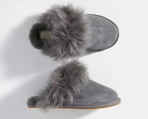 New Women's 100% UGG Brand Scuff Sis Fluffy Slipper Sandals Shoes Charcoal