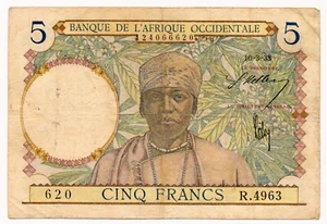 FRENCH WEST AFRICA banknote 5 Francs 10.3.1938 VF Very Fine - Picture 1 of 7