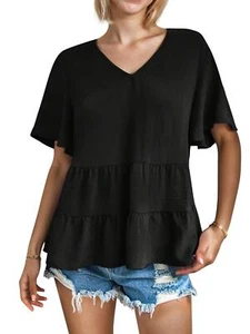 Womens Casual Tops Ruffle Hem V Neck Short Sleeve Blouses - Picture 1 of 14