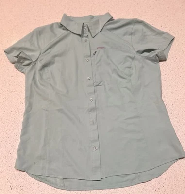Camisa de pesca Columbia verde manga corta bolsillo talla grande usada para mujer Foto 1 de 4
