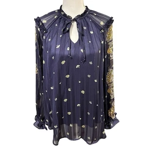 Top Fig & Flower Anthropologie Azul Floral Talla L Manga Larga Boho Campesino - Imagen 1 de 14