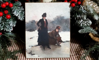 WOW PRIMITIVE VICTORIAN VINTAGE STYLE CHRISTMAS SKATE PORTRAIT WOMEN WOODEN SIGN - Image 1 of 4