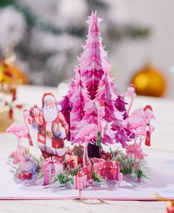POPUP CARD-Pink Christmas Tree And Flamingo Pop-Up Card - Warm Wish Flamingo - Picture 1 of 2