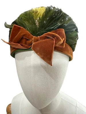 Impresionante Sombrero Antiguo Pluma de Faisán Iridiscente Ala Terciopelo Arco Foto 1 de 4