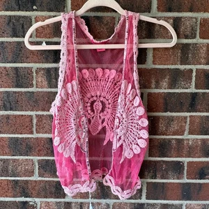 S/M Betsey Johnson Pink Mesh Peacock Vest Y2K Sheer Embroidered Festival Kawaii - Picture 1 of 6