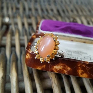 925 Sterling Silver Ring, Peach Moonstone And Spessartine, Size O.5 US 7.5 - Picture 1 of 9
