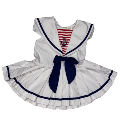 Vestido de marinheiro vintage feminino 2T Shirley Temple plissado cruzeiro âncora marinha - Imagem 1 de 4