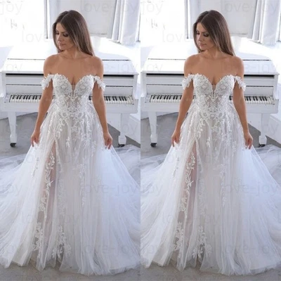 Elegantes vestidos de novia de playa cuello en V apliques de encaje fuera del hombro vestidos de novia Foto 1 de 4