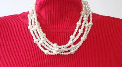 Collar de perlas blancas multi hebra capas con 4 filas de cuentas de perlas de vidrio Nuevo Foto 1 de 4