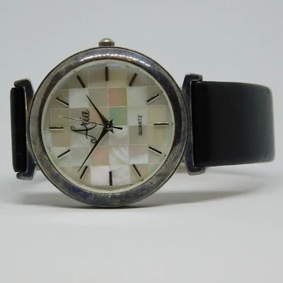 Reloj para mujer Aria con caja de plata de ley 925 correa de cuero cuarzo batería nueva Foto 1 de 4