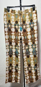 Joie Women XL Linen Blend Pants Mustard Blue Hippie Print Elastic Waist Wide Leg - Picture 1 of 6