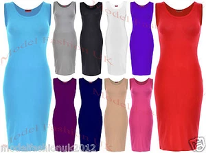 Womens Summer Sleeveless Stretch Plain Bodycon Ladies Midi Maxi Dress UK 8-16 - Picture 1 of 14