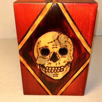 Skull Faux Wood Box 5”x3 1/4” Red Yellow Gold Made In Poland - Image 1 of 4