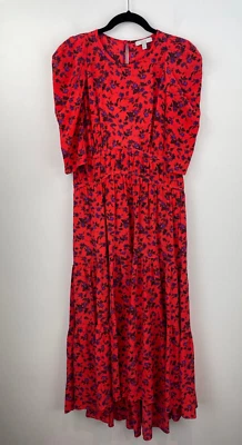 Vestido campesino de seda Joie 4 naranja floral acanalado plisado manga corta largo A4-03 Foto 1 de 4