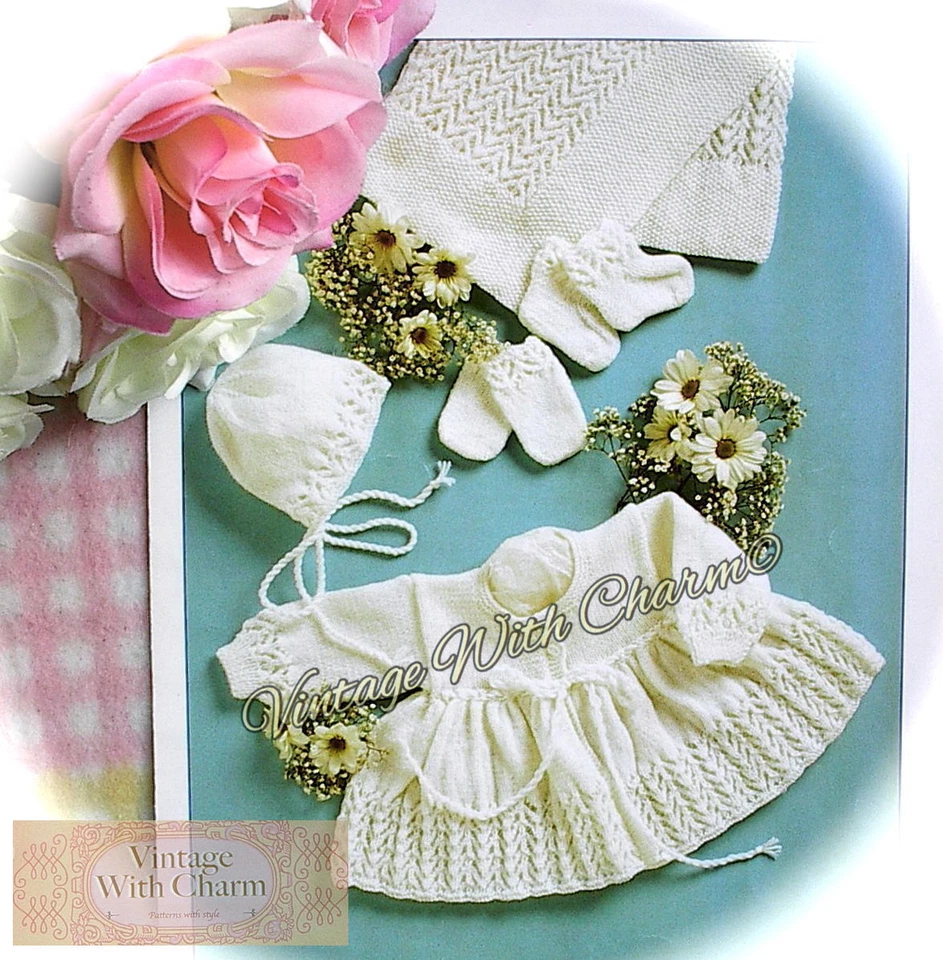 Vintage Baby Knitting Pattern Coat Shawl Mitts Bonnet Bootees Premature Sizes. - Image 1 of 1