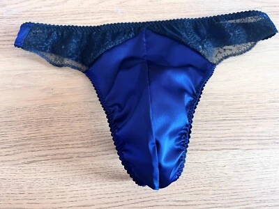 Men's satin thong ~ Navy blue stretch satin thong with pouch size 28" - 38" - Image 1 of 4