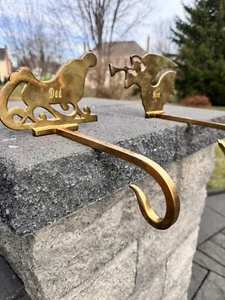 Vintage Brass Santa Sleigh And Angel Stocking Holder Engraved Mom & Dad~Pair - Picture 1 of 10