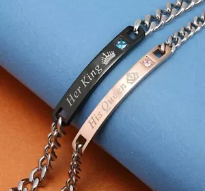 His Queen Her King Stainless Steel His and Hers Couple Bracelet Lovers Gift - Picture 1 of 9
