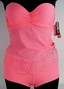 Arizona Small Tankini Strapless Neon Coral Push Cut out Swimsuit Boyshort NWT - Picture 1 of 8