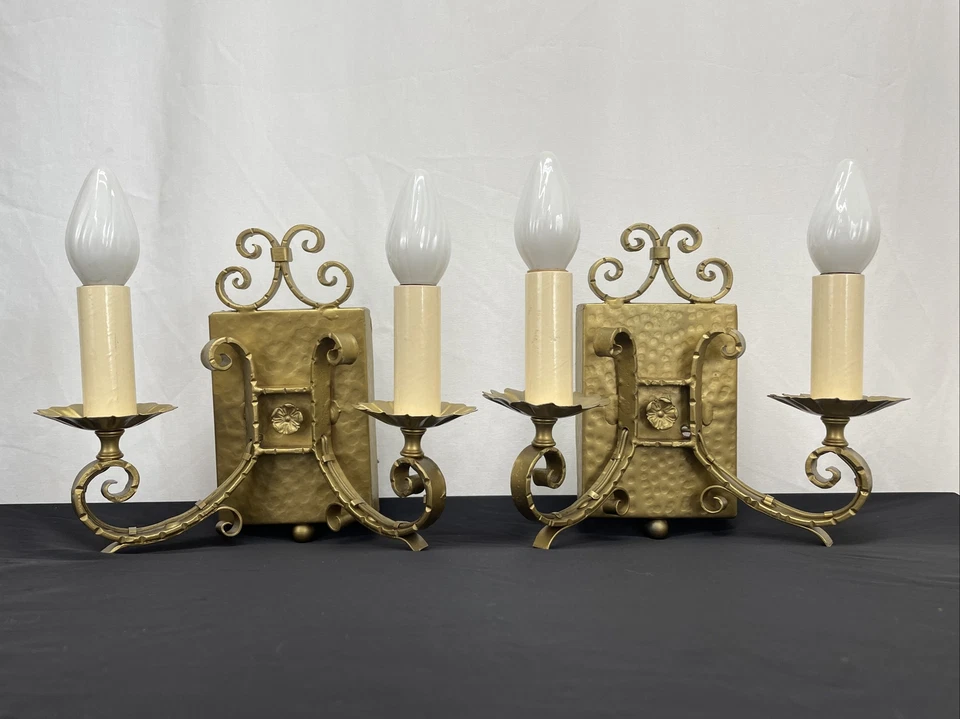 REWIRED Pair Antique Vtg Wall Sconces Arts & Crafts Deco Mission Gothic Gold - Image 1 of 4