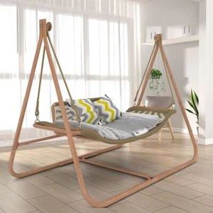 Hammock Swing Chair Patio with Stand Wood-Colored Frame with Cushion Anti-Rust - Picture 1 of 13