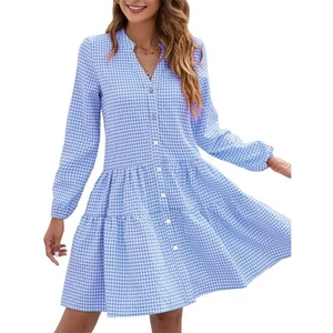 Women's Casual Plaid Dress Long Sleeve V Neck Button Down Short Dress - Picture 1 of 8