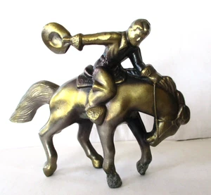 Vintage 1960's Burnished Bronzed Metal Cowboy Bucking Bronco Statue Figurine - Picture 1 of 5