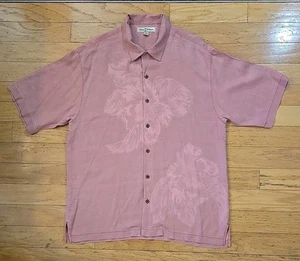 Tommy Bahama Mens 100% Silk Camp Shirt Hawaiian Floral Coral and Pink Size Large - Picture 1 of 9