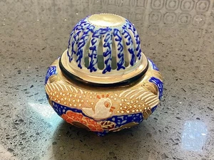 JAPANESE SATSUMA POT POURRI GILDED BLUE PORCELAIN 3” HIGH - Picture 1 of 5
