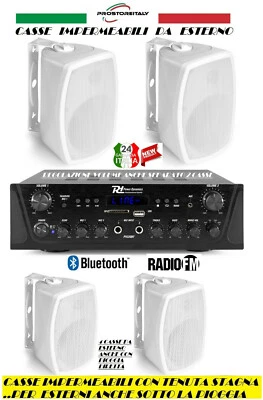 IMPIANTO AUDIO FILODIFFUSIONE ESTERNO 4 CASSE+AMPLIFICATORE+RADIO FM+BLUETOOTH  - Immagine 1 di 4