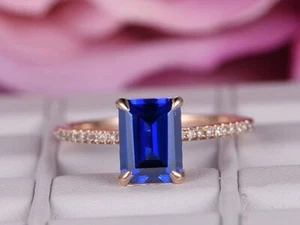 2.15 Ct Emerald Natural Sapphire Diamond Engagement Ring 14K Rose Gold Size 8 - Picture 1 of 7