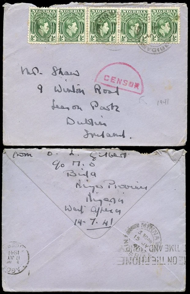 NIGERIA to IRELAND 1941 HALF CIRCLE CENSOR in RED...BIDA + SLOGAN - Image 1 of 1