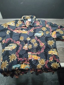 Black Button Up men's large Hawaiian Shirt Woody Wagon Surf board Print USA - Picture 1 of 6