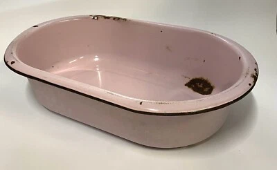 Lavatório antigo de esmalte rosa para bebê - Imagem 1 de 4
