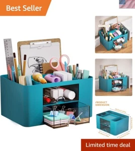 Durable ABS Plastic Desk Organizer - Dark Green Pen Holder with 2 Drawers - Picture 1 of 9