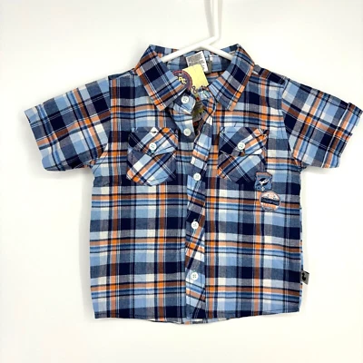 DDG Sport Baby Boys Size 18 Months Button Front Shirt Blue Orange Plaid Short Sl - Image 1 of 4