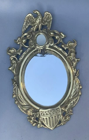 Antique Victorian Cast Metal Brass Finish Patriotic Figural Hanging Wall Mirror Cover
