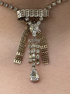 Vintage Necklace Clear Rhinestone Gold Tone Mesh Festoon Art Deco Jewelry - Picture 1 of 12