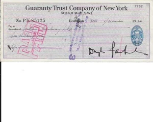 DOUGLAS FAIRBANKS SR 1936 FIRMADO AUTOGRAFIADO 8,25" CHEQUE CON CERTIFICADO DE AUTENTICIDAD "1920 ZORRO" - Imagen 1 de 3