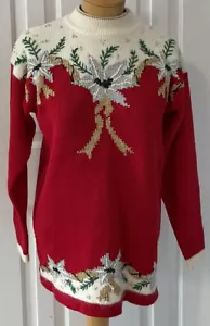 Dana Scott Vintage Christmas Holiday Strickpullover Gold Schleife Ugly Sweater Gr. SM - Bild 1 von 7