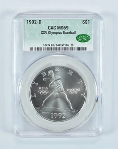 1992-D Olympic Baseball Commemorative Silver Dollar MS69 CAC - Picture 1 of 5