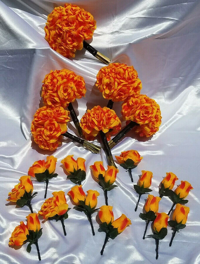 21 Pc Orange, Yellow, Black Wedding Bouquet Package, Bouquet Set w/ Dried Stems - Image 1 of 4