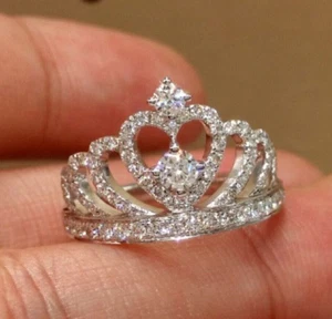 925 Silber vergoldet Prinzessin Krone Ring 1,9 kt simulierter Diamant Diadem Ehering - Bild 1 von 8