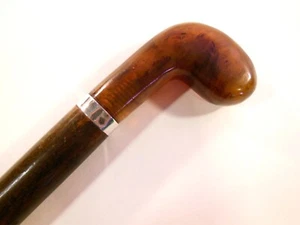 Vintage HARDWOOD Cane, Walking Stick with CELLULOID and Sterling Silver Top Band - Picture 1 of 24