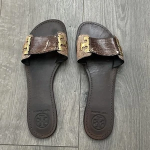 Tory Burch Womens Gail Monogram Slide Sandals Size 8.5 Brown Leather Preppy - Picture 1 of 8